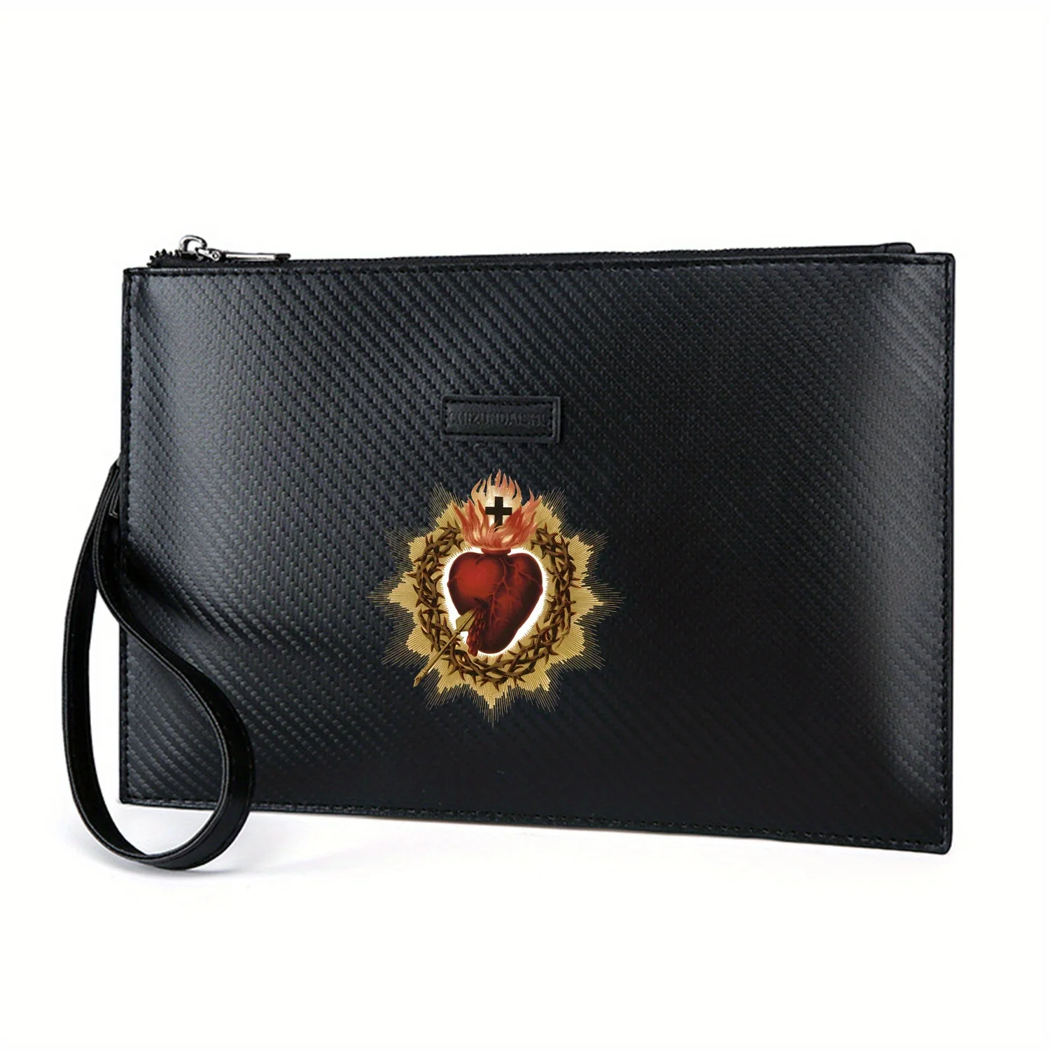 Sacred Heart with flames cross Elegant Printed PU Men's Handbag Fashionable and Practical for Everyday Carry