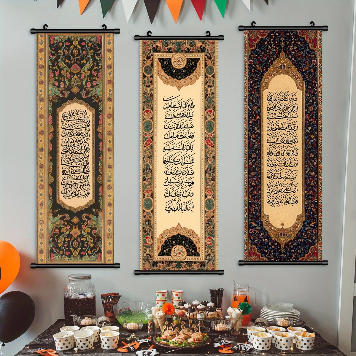VIKAMA Islamic Arabic Calligraphy Scroll Tapestry, Muslim Wall Hanging, Religious Art Fabric Poster for Living Room Decor