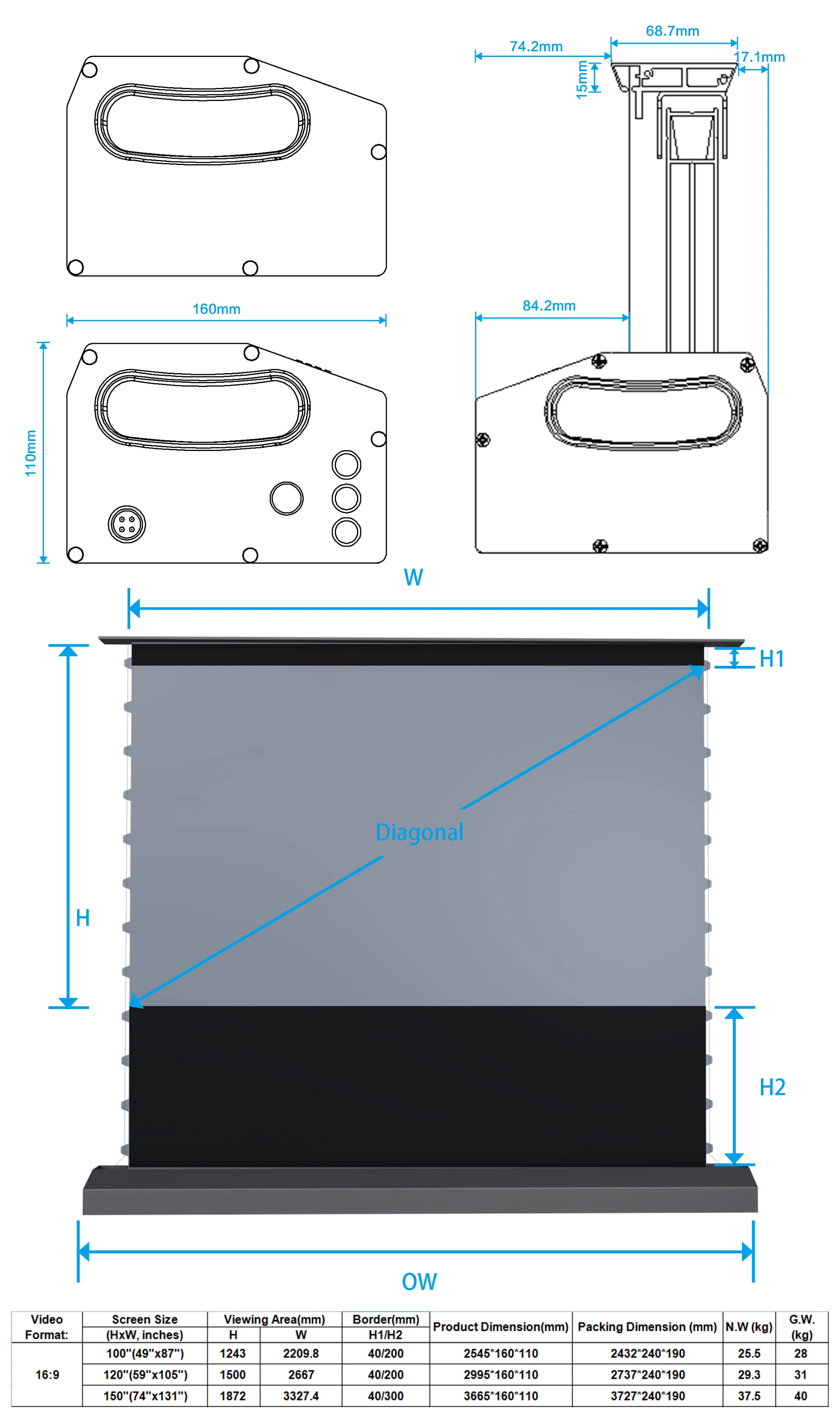 Electric Floor Rising UST 4K ALR grey Crystal Projector Screen Pull up Screen for Ultra short throw laser projector