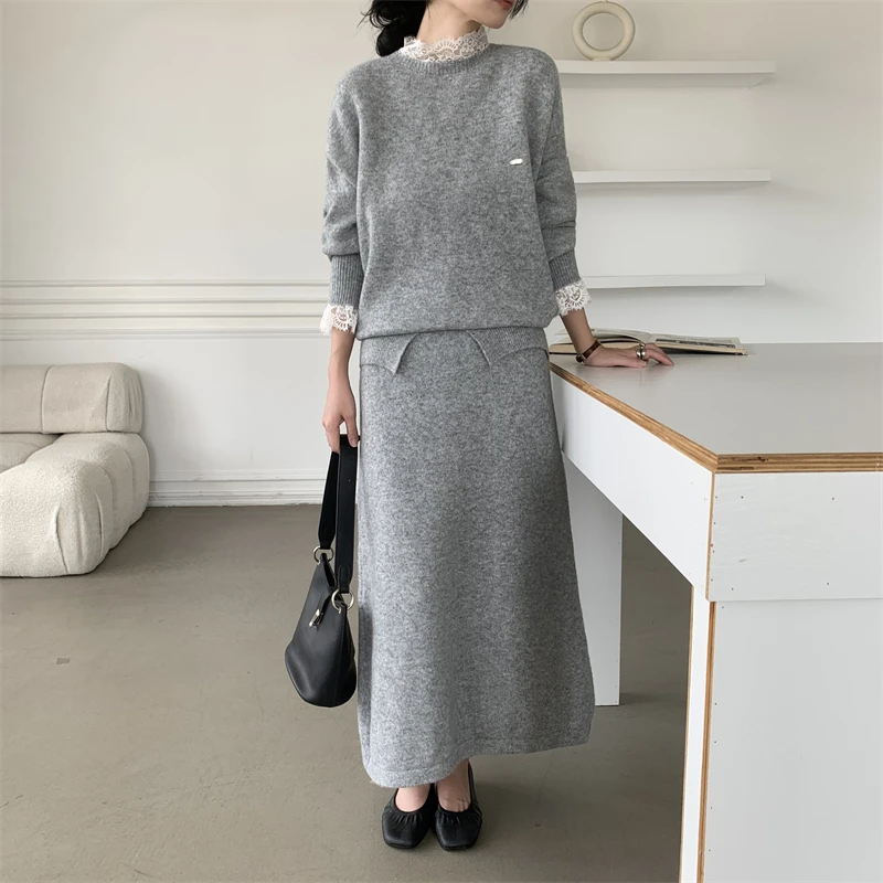 مجموعة Ele Knitted Dr and Top للنساء أوائل الربيع Faion Rich Girl Sle Long Sve Crew Ne سترة ودكتور كومبو