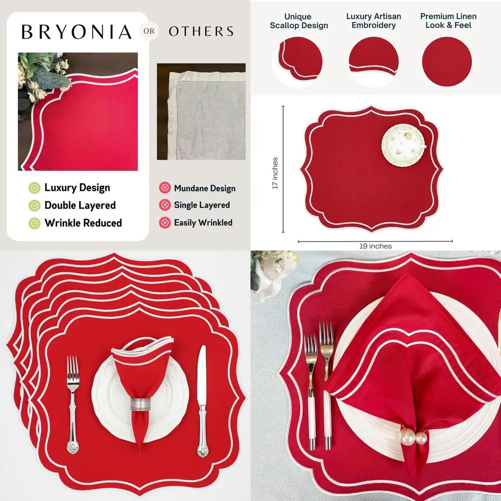 

Набор из 4 двухслойных хлопково-льняных салфеток для стола - с фестончатым краем и вышивкой, моющиеся тканевые подставки, идеально подходят для подарков и особых случаев