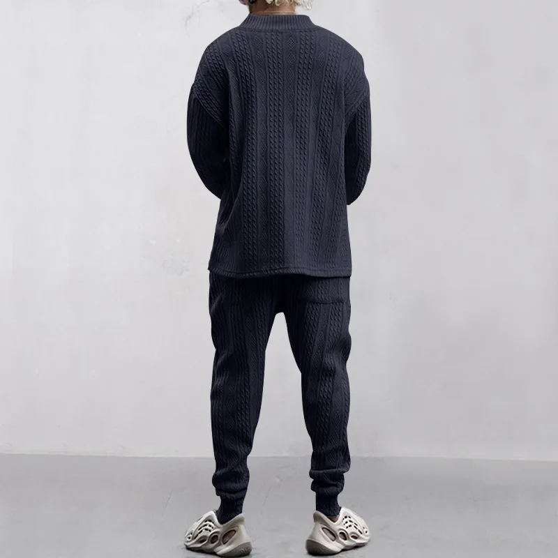 2024 Spring and Autumn British Fashion Casual Minimalist Solid Color Long sleeved V-neck Pocket Geometric Men's Knitted Set