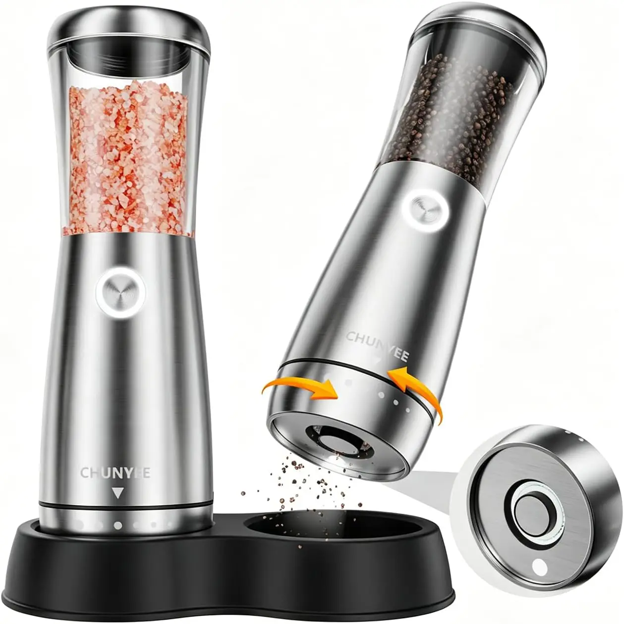 

Electric Salt and Pepper Grinder Set - Stainless Steel, Rechargeable, Large Capacity with LED Light & Adjustable Coarseness