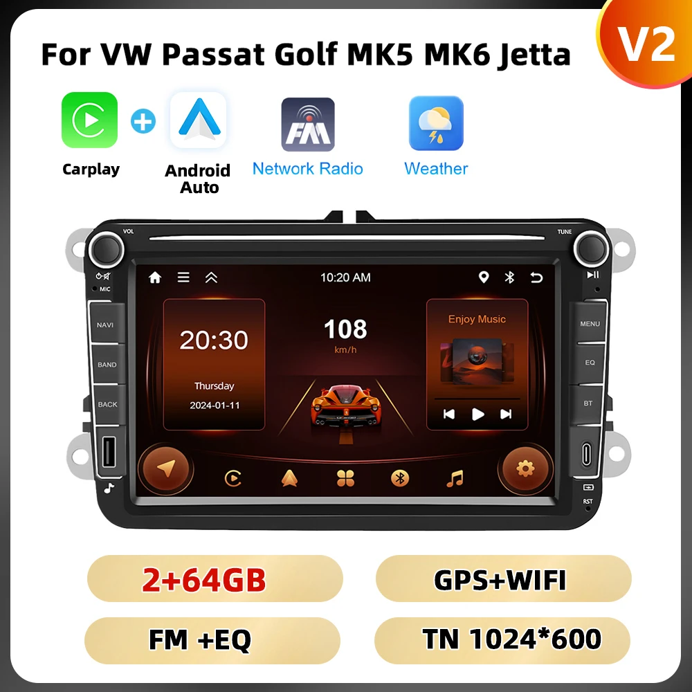 Podofo 6 + 128G 7 ''/8''/9 ''Autoradio voor VW/PASSAT/GOLF/POLO/BORA Multimedia Speler Android Auto Carplay WIFI GPS EQ Auto Audio - afbeelding 1