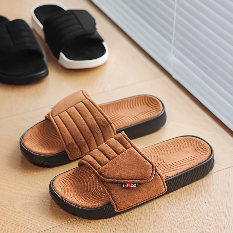 Men Soft Plush Slide Slippers Indoor Home Open‑Toe Non‑Slip Casual House Slippers Large Size 39‑47