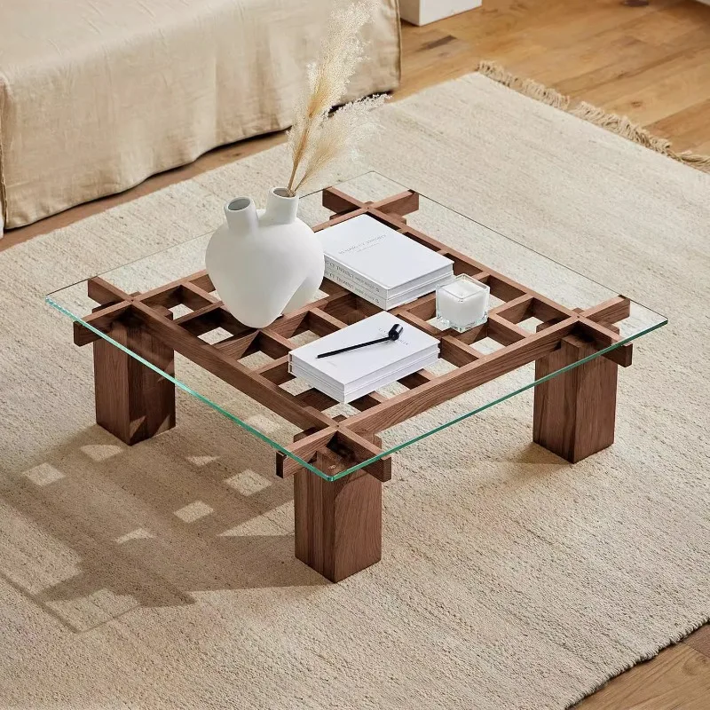 Nordic retro solid wood modern living room small apartment glass black walnut designer new tea table square coffee table