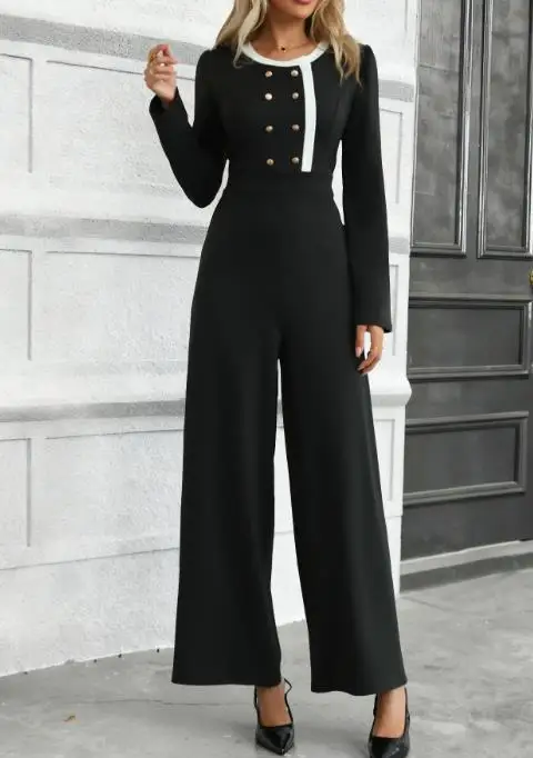 أنيقة سليم صالح مزدوجة الصدر عالية الخصر بذلة الخريف موضة جديدة الديكور الربط بأكمام طويلة مستقيم الساق بذلة