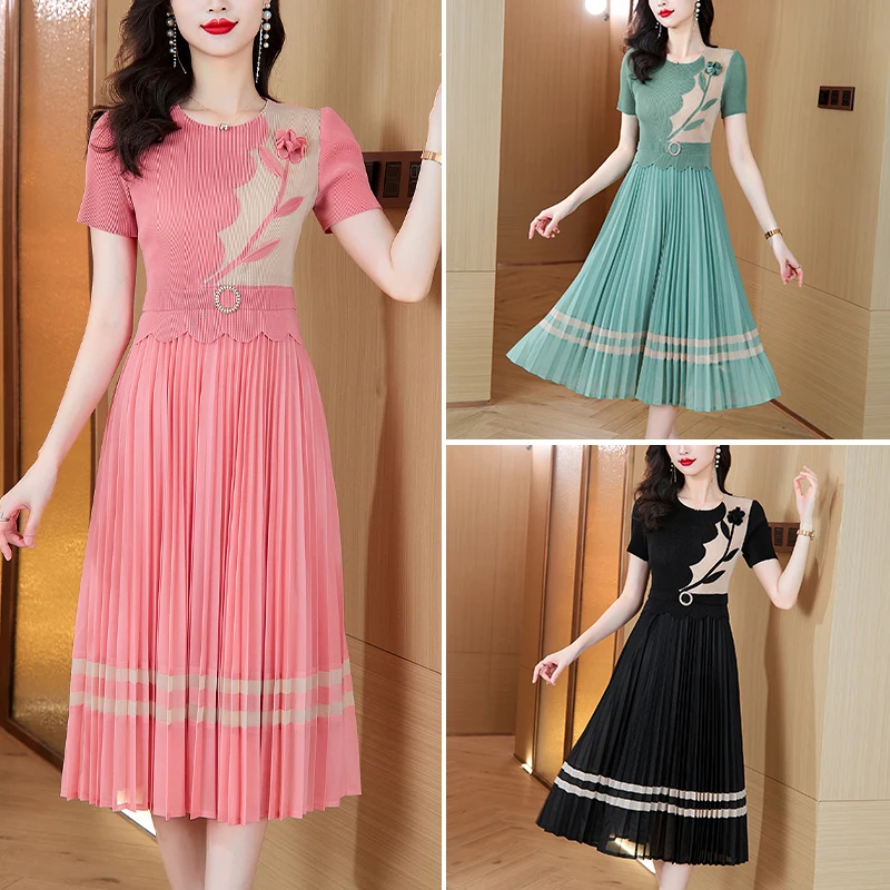 2024 Summer New Silk Printed Folded Dress Women\'s O-neck Short Sleeve Elastic Magic Knee length A-line Long Dress