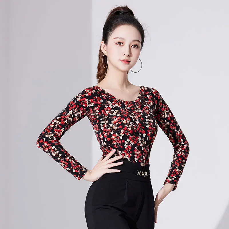 2024 New Spring Summer Women Latin Dance Top Long Sleeve National Standard Dance Practice Clothes