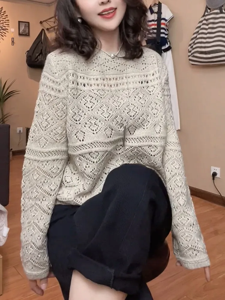 

Korean Sle Casual Hollow out Faionable Knitwear Spring Unique plus Size Meat Covering Top round Ne Long Sve Wool Blend