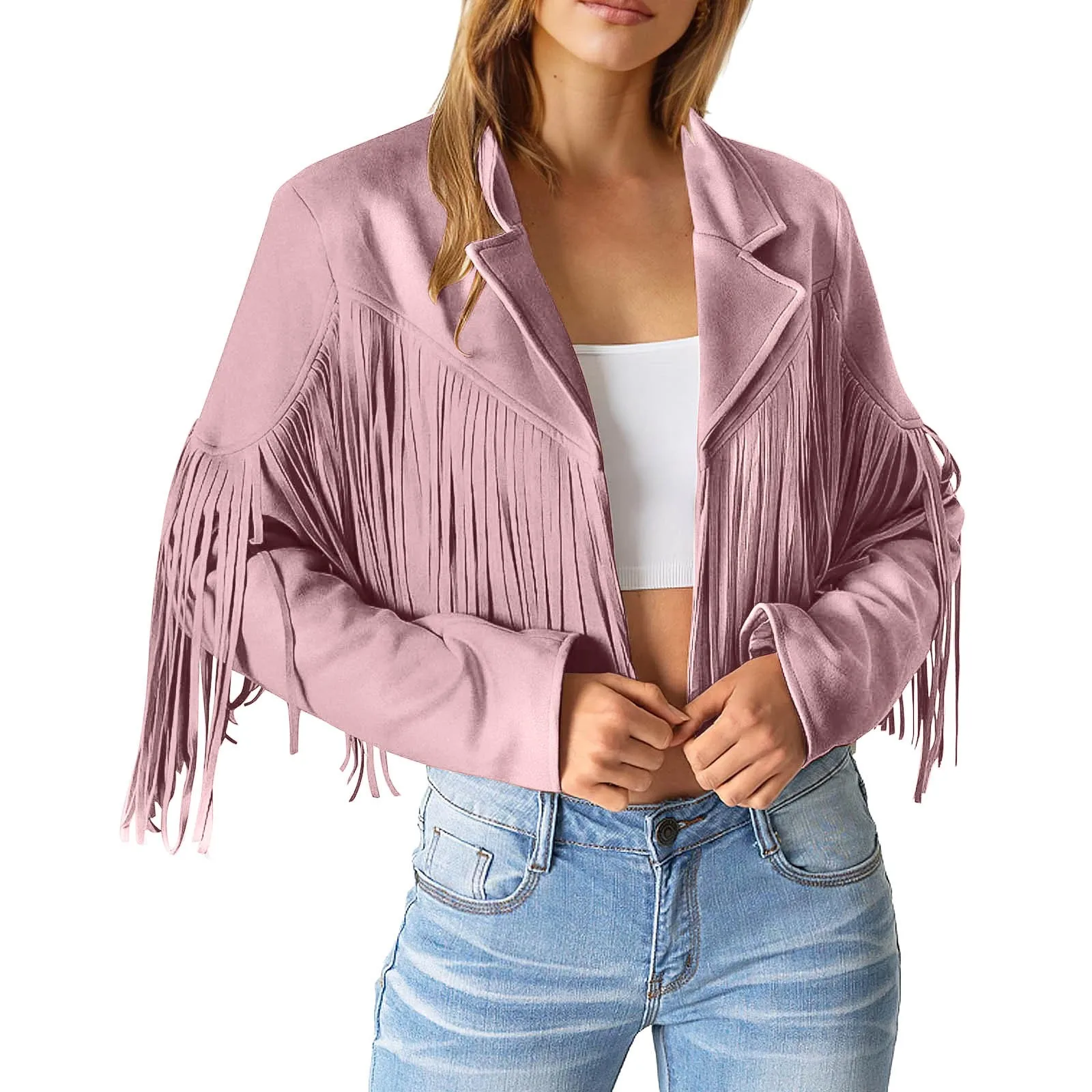 Women Y2k Fringed Hem Tassel Cardigan Crop Tops Cool Girl Motor Biker Jacket Suede Leather Jacket 90s Vintage Streetwear Coats