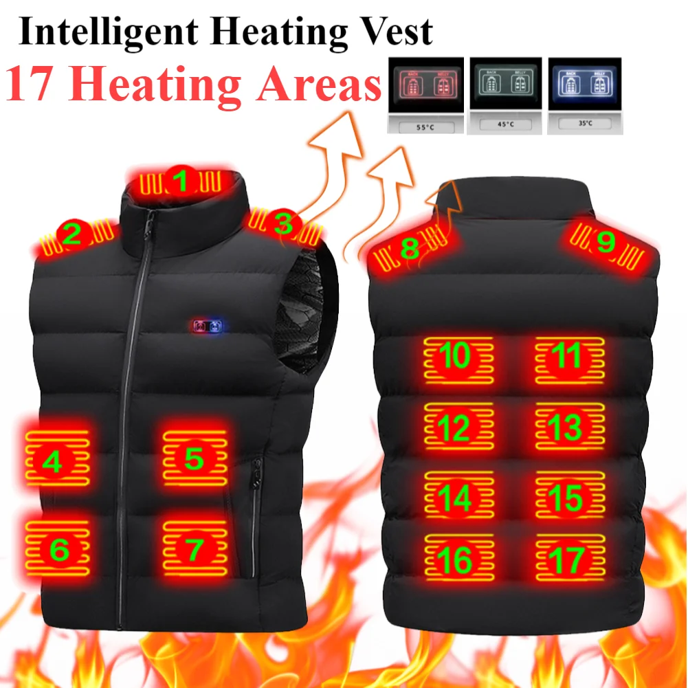 17 Area Heating Vest Electric Heated Jacket Smart Temperature Control Outdoor Hiking Waistcoat Winter Camping Hunting Coat