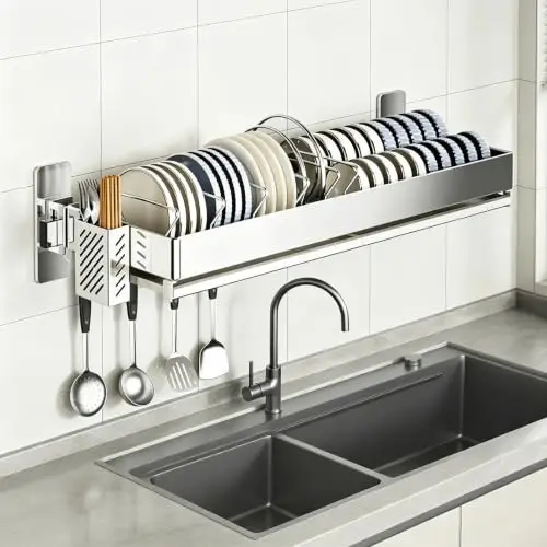 Wall-Mounted Dish Drying Rack,304 Stainless Steel Dish Rack | Saving Kitchen Space,with Utensil Holder,for