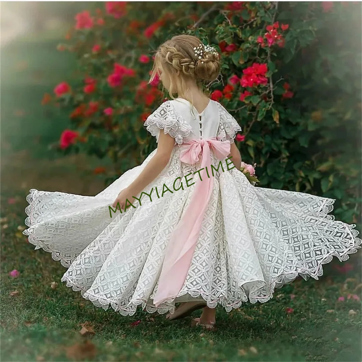 Flower Girl Dress Princess Ball White Short-sleeved Tulle Lace Printing First Communion Dresses Kids Surprise Birthday Present