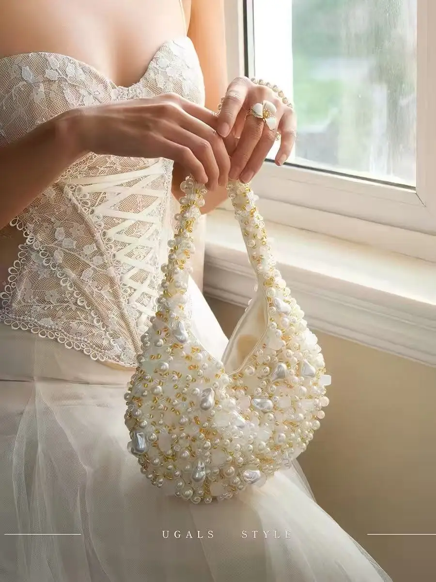 

Fashion Pearl Beaded Woven Handmade Hobo Bag Beads Beading Women Handbag Luxury High Quality Clutch Purse Female Shoulder Bag