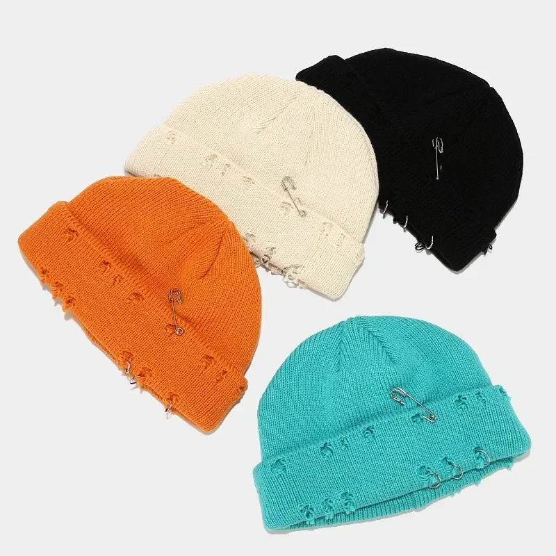 Winter Harajuku Y2k Beanies Knitted Hat Men Fashion Warm Thick Gorro Boys Hip Hop Pin Hole Skullcap Short Hat Unisex Basic Cap