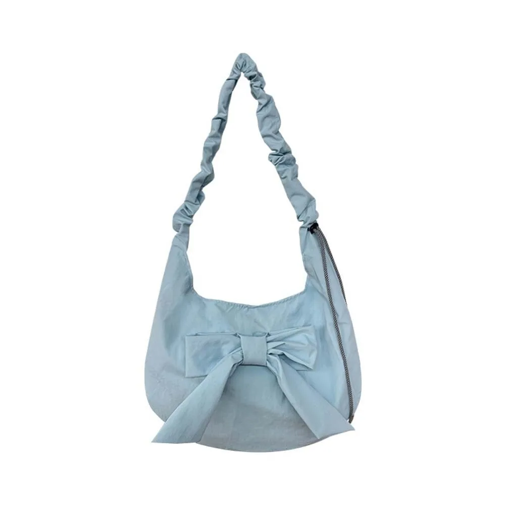 

Solid Color Bow Decor Dumpling Bag Magnetic Buckle Tote Pleated Strap Crossbody Bag Large Capacity Nylon