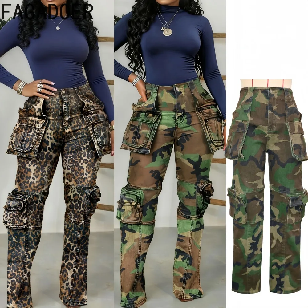 

FAGADOER Fashion Camouflage Denim Pants for Woman Cargo Pocket Patchwork Straight-leg Pants Female Streetwear Bottoms 2025 New