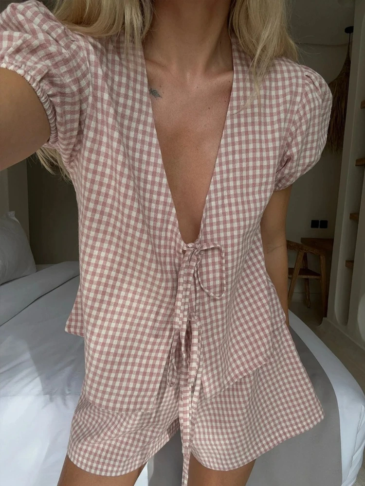 Tsiisd Casual Printing Plaid 2-delige set Shorts Dames Pofmouwen Lace-Up Zomer Nieuwe strandvakantie Losse kleding Vrouwelijke outfits