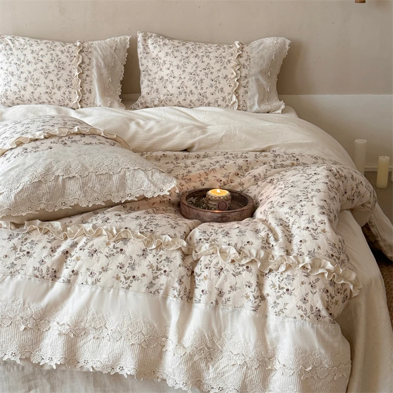 Vintage Cottage Style Cotton Linen Blend Bedding Set Floral Lace Edge Duvet Cover Bed Sheet Pillowcase Bed Linen Queen King Size