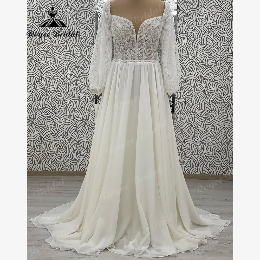 robe boheme femme Puff Long Sleeve Chiffon Lace Boho Wedding Dress for Women 2025 Princess Bridal Gown Customize robes de mariée