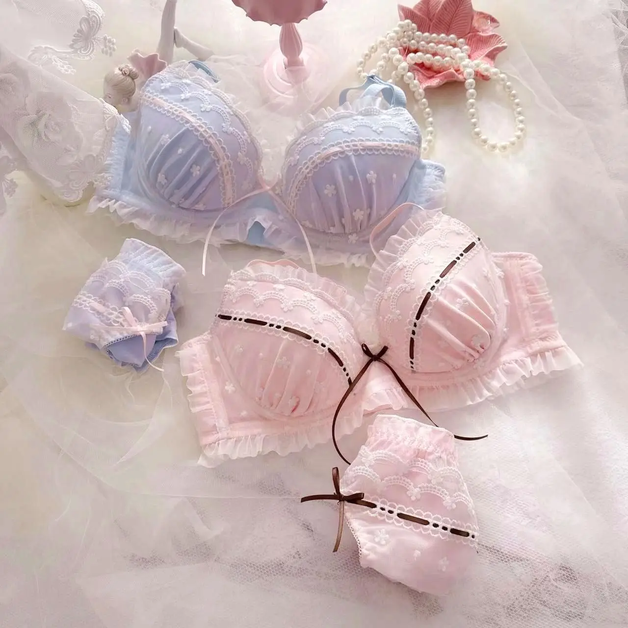 Small fresh Japanese ribbon lingerie embroidery thin cup student girls cute bralette women sexy underwear bra set