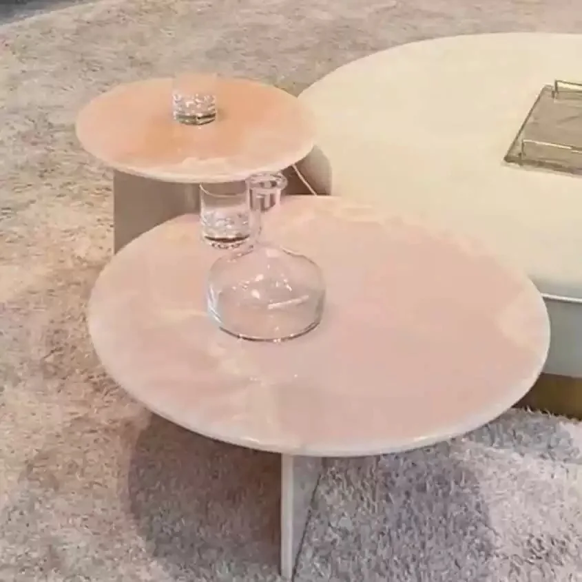 Light luxury natural pink marble coffee table home small apartment round side table villa coffee table