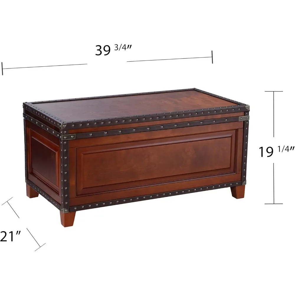طاولة قهوة Amherst Trunk مع جلد صناعي وحواف رأس الأظافر، كرز داكن/اسبريسو/برونز عتيق