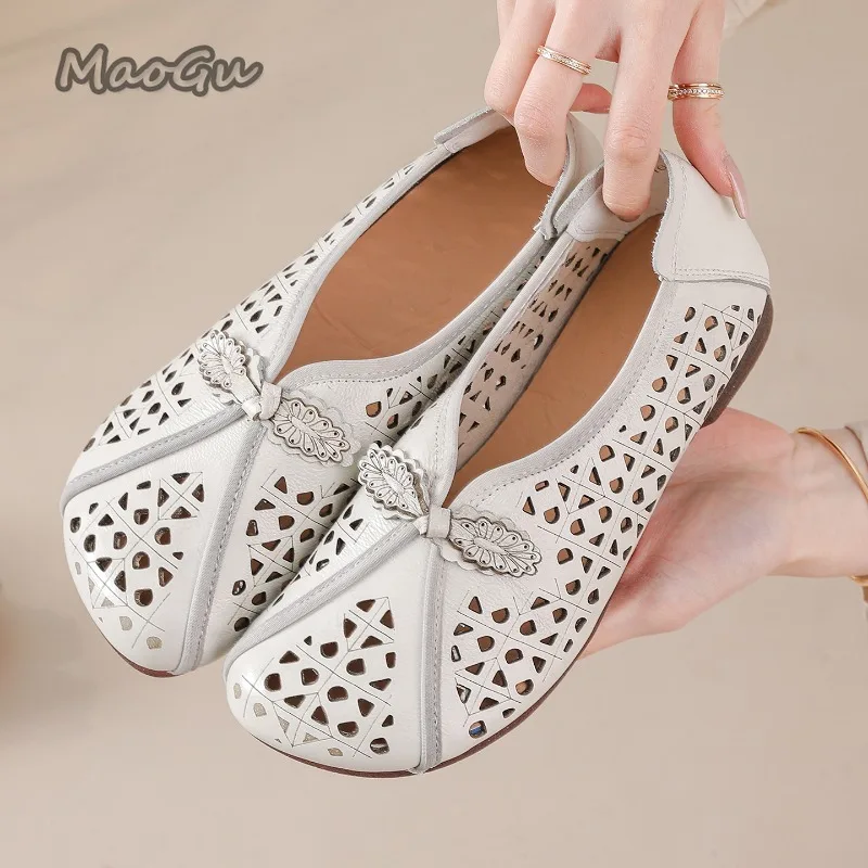 

Summer Hollow-out Breathable Women's Casual Shoes Genuine Leather Soft Sole Female Comfortable Pumps Slip-on Mom Shoes Size35-41
