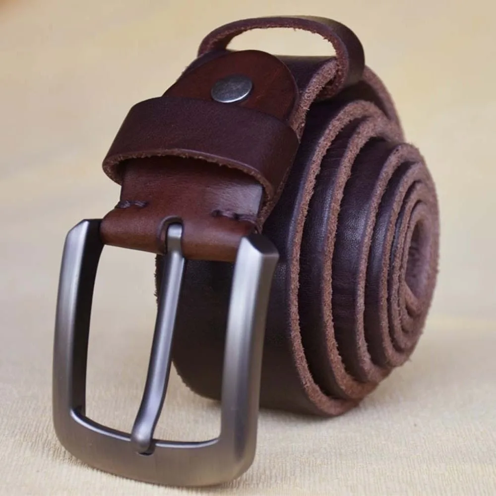 أزياء سبائك الرجال حزام عريض الملمس مربع مشبك حزام جلد طبيعي البني دائم الجينز حزام حلية