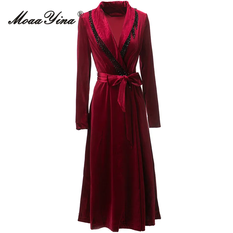 

MoaaYina Autumn Fashion Runway Red Vintage Velvet Trench Coat Women Lapel Beading Frenulum Gathered Waist Slim Long Trench Coat