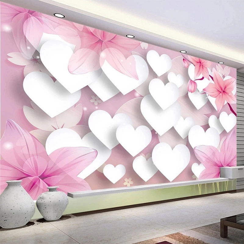 Customized Mural Wallpaper 3D White Heart-shaped Pink Flowers Bedroom Living room sofa TV background wall restaurant study Hotel