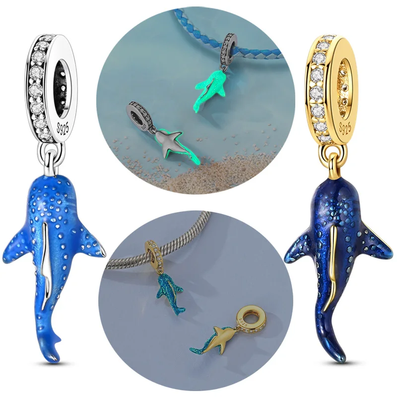 Original 925 prata esterlina grânulo charme luminoso ouro baleia tubarão pingente caber pulseira original corrente para mulheres diy jóias presente