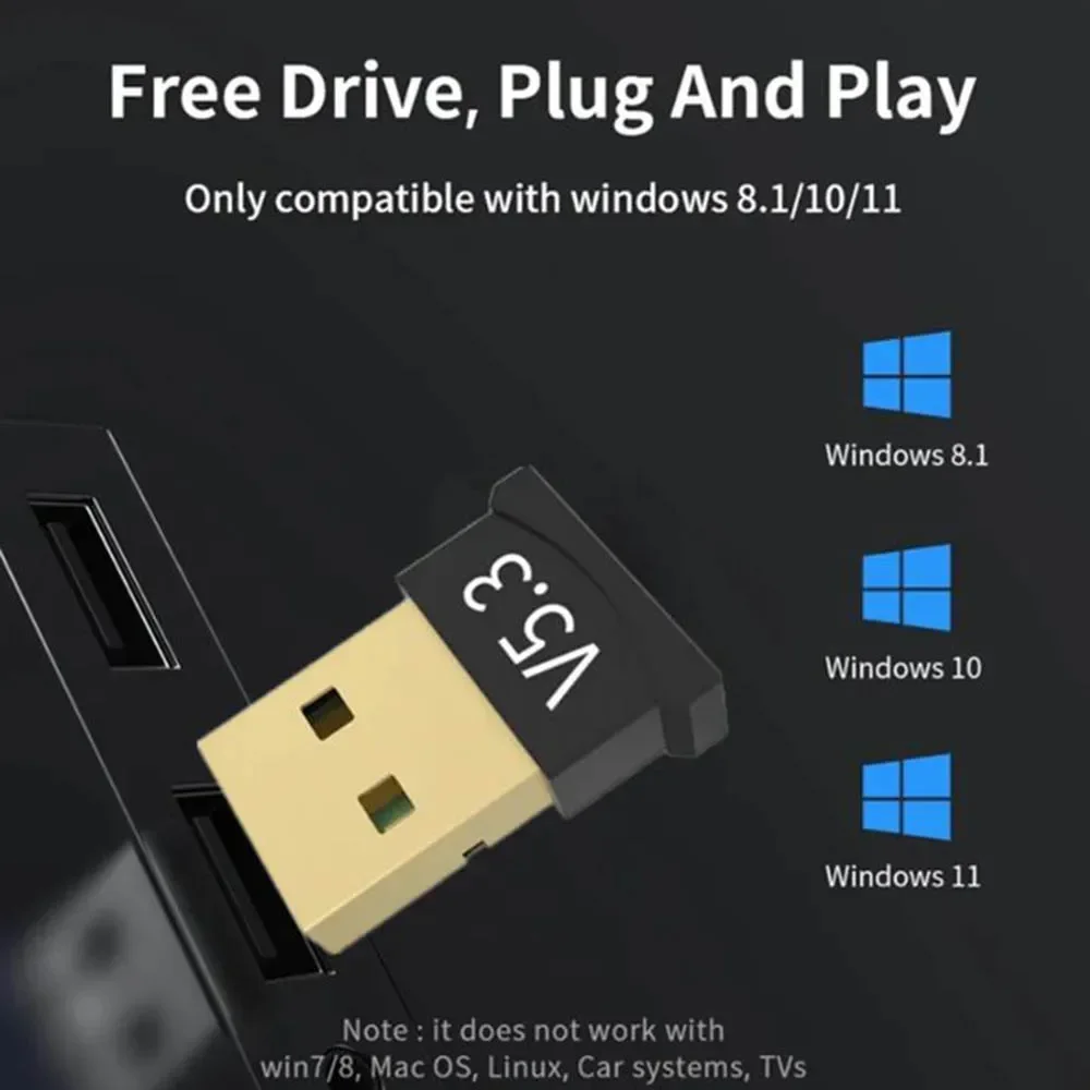 USB Bluetooth-Compatible 5.3 Adapter Support Windows 11/10/8.1 Music Receiver Adapter Plug&Play USB Dongle for Desktop PC Laptop