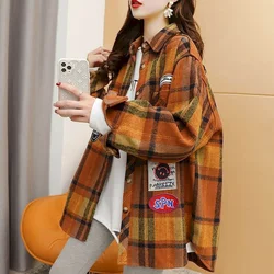 Plaid Shirts for Women Polo-neck Oversized Brushed Thickened Cardigan Long Sleeve Casual Retro Blouse Korean Style Women Tops