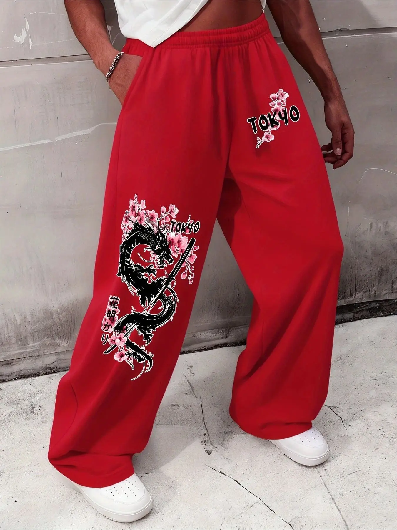 New Men's Pants in Japanese Style with Cherry Blossom Print 3D, Casual and Loose Fit Long Pants