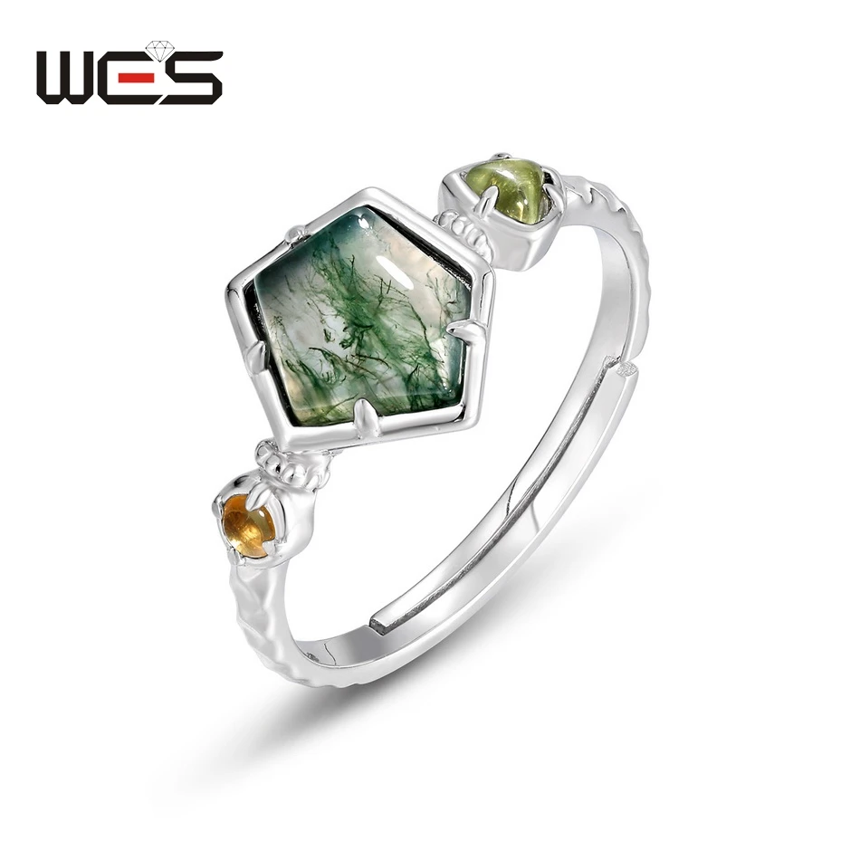 WES Dainty 6*8mm Natural Moss Agate Rings for Women Gemstone Wedding Promise Jewelry for Girls Anniversary Gifts Certified Band