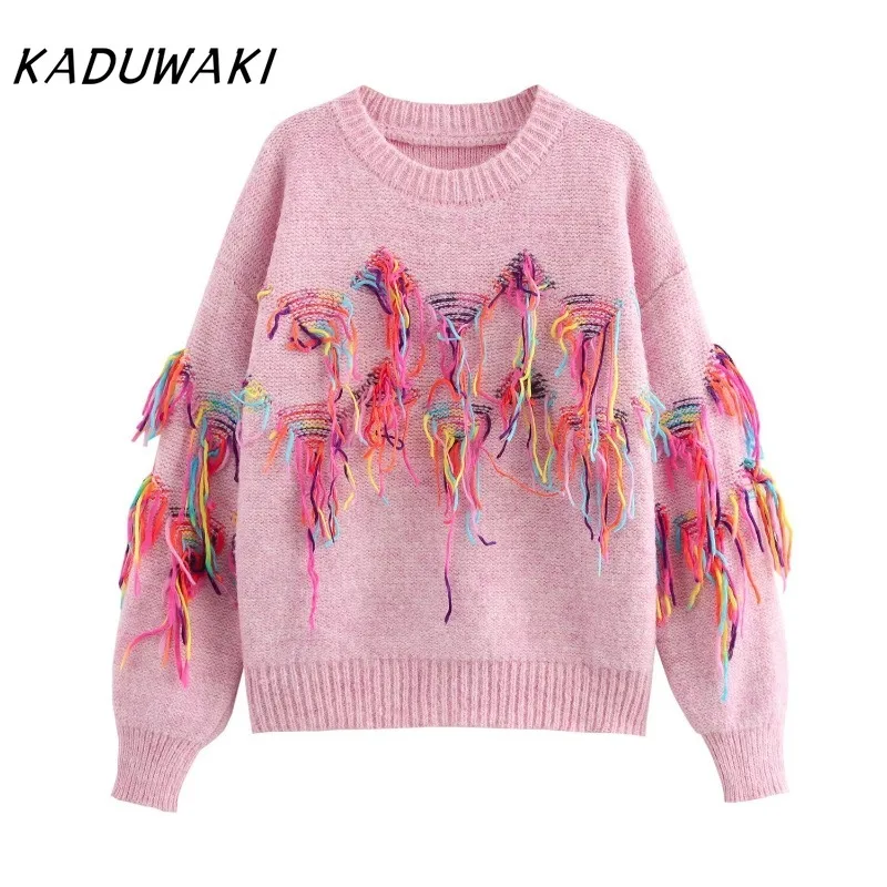 

KADUWAKI Spring Y2K Korean Commuter Chic Colorful Tassel Design Sense Crewneck Pullover Sweater Autumn Loose Knit Top for Women