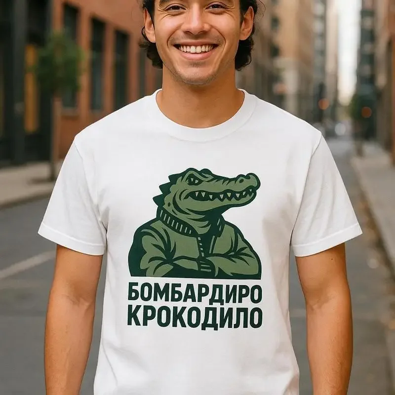 T-Shirt mit lustigem kyrillischen Schriftzug „Ardiro Crocodilo“.