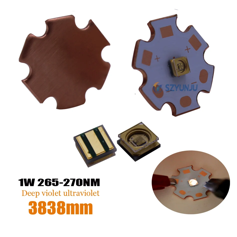

3838 1W 270nm High Power Deep UV LED CHIP UVC Ultraviolet Sterilization LED Diode 150mA 5-7V with 20mm Copper PCB
