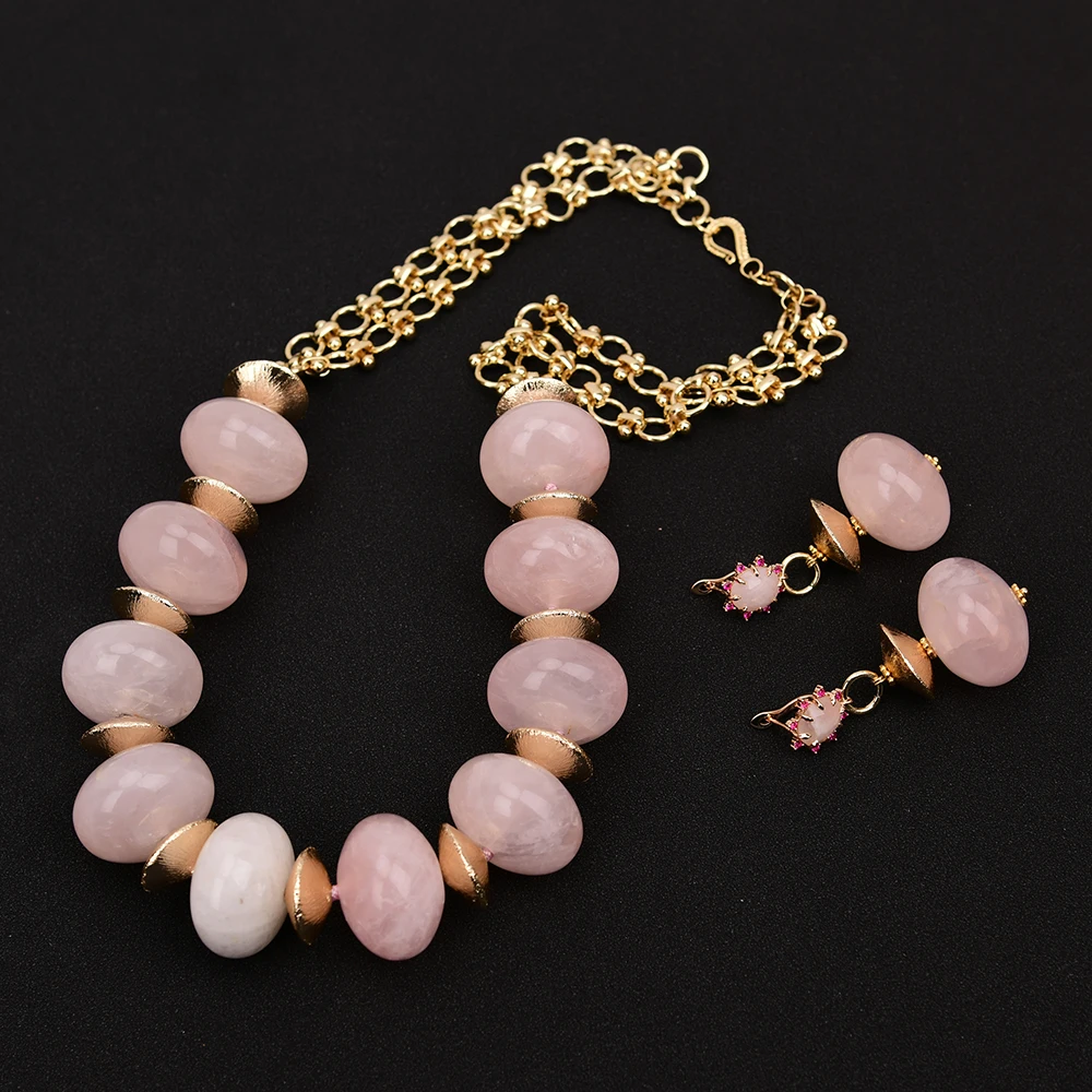 

G-G 25'' Huge Natural Pink Rose Quartz Smooth Rondelle Gold Color Chain Brushed Beads Necklace Earrings Sets For Women