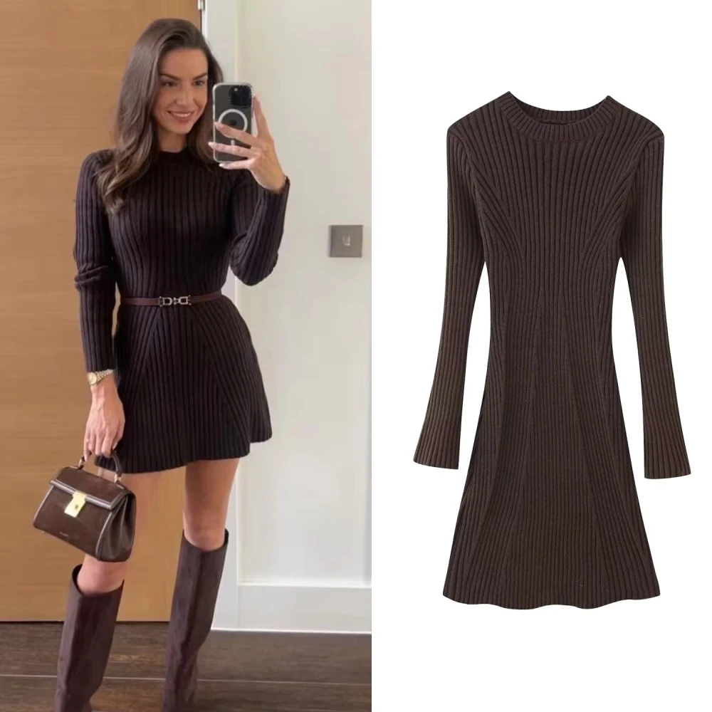 

Women's Ribbed Knited Dress Female O-Neck Long Sleeve Dress Autumn Winter New Slim Sweater Dress Lady Temperament Mini Dress