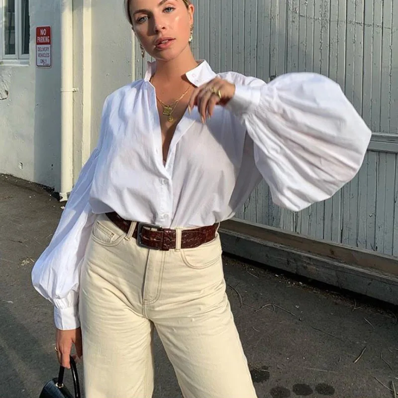 New Fashion Sexy Button White Blouse Women Lantern Sleeve Clothes Elegant Loose Women Shirt Cotton Office Ladies Tops 10903