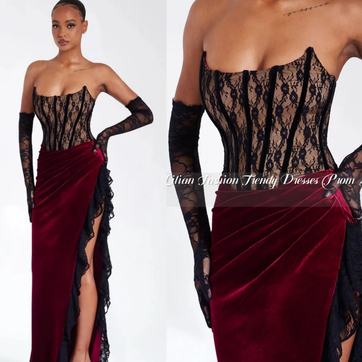 Elegant Velvet Burgundy Prom Dress 2025 Fashion Sexy Split Lace Long Black Girls Birthday Party Custom فساتين للمناسبات الخاصة