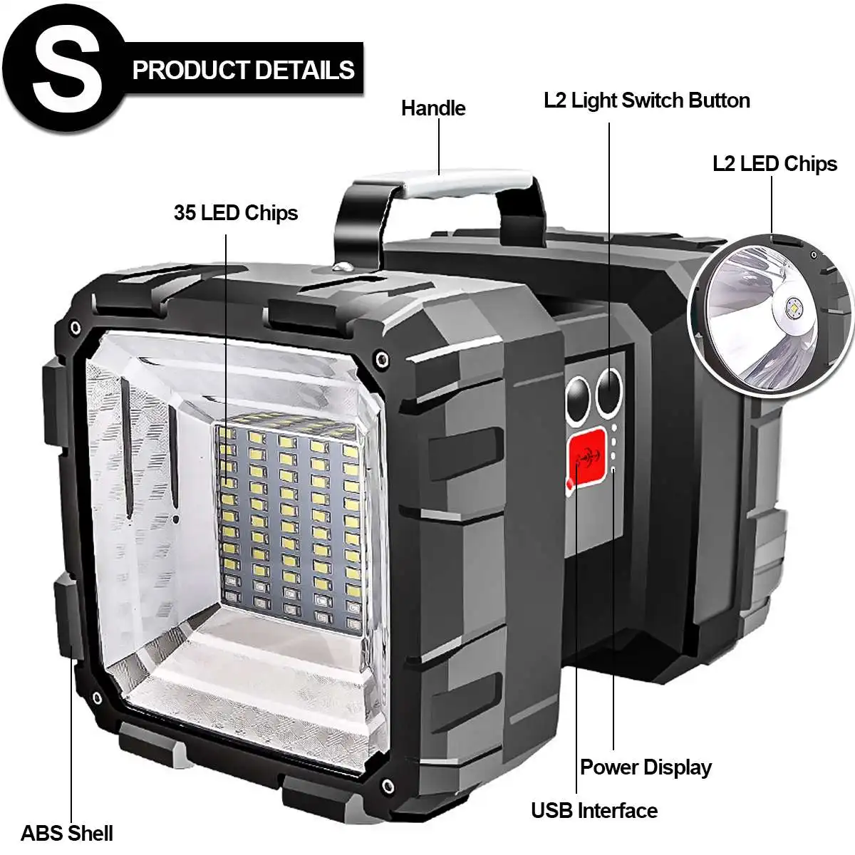 Dual Head LED Spotlight USB Rechargeable Searchlight Multi-function Portable Flashlight Power Bank Work Light Camping Lantern
