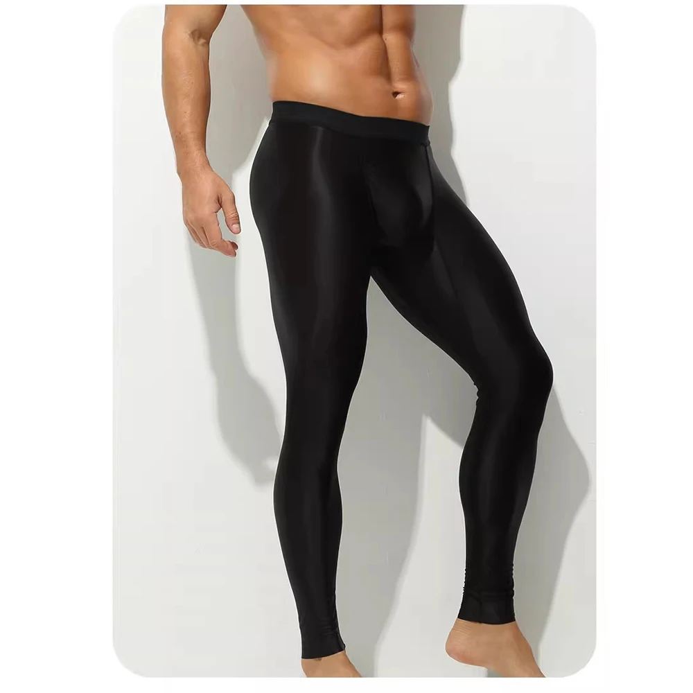 Men Sexy Ultra Thin Ice Silk Leggings High Elastic Breathable Pants Warm Sweatpants Oil Smooth Fitness Tights Leggings Plus Size
