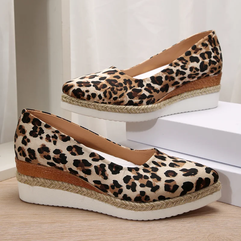 Espadrilles shoes for Women wedges high heel pumps Leopard platform round toe wedding party shoes office lady comfort shoes