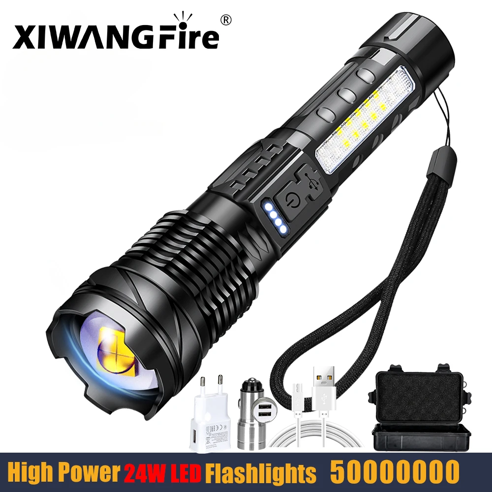 High Strong Power 24W Led Flashlights 50000000 Tactical Light Emergency Spotlights Telescopic Jetbeam1km 18650 Built-in Battery