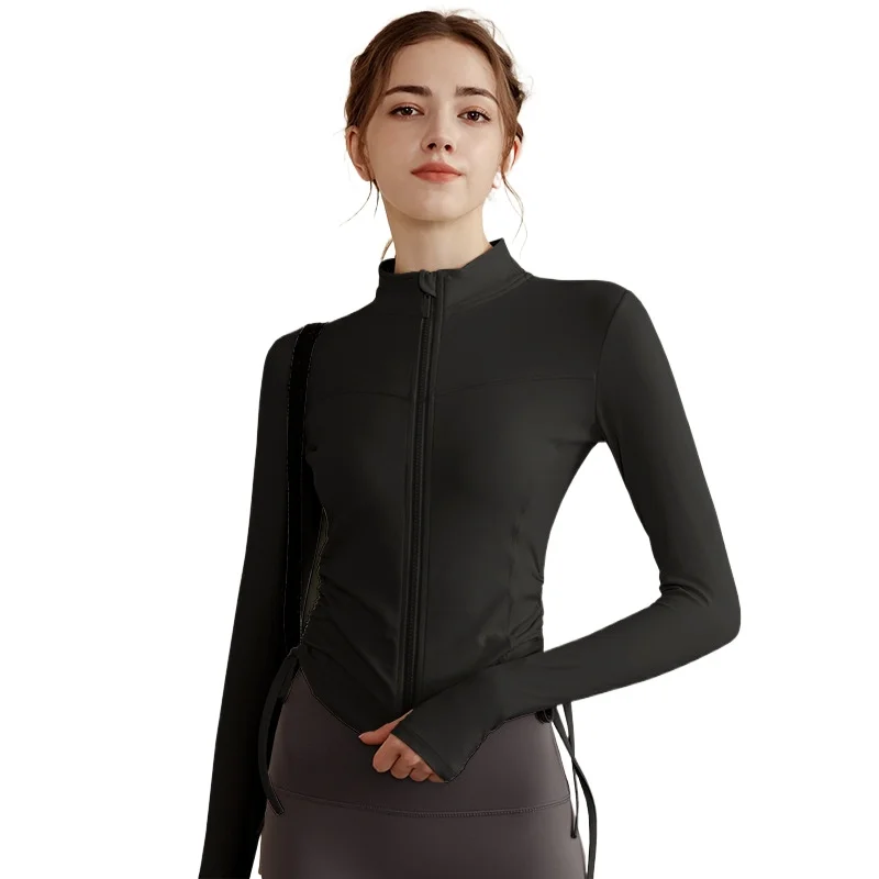 Yoga Wear for Women, Stand Collar Zipper Sports Jacket, Drawstring, Quick-drying, Slim Fitness Wear, Long-sleeved Sportswear Top