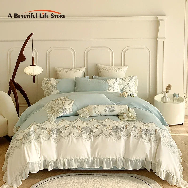 1000TC Egyptian Cotton Romantic French Princess Bedding Set Rose Embroidery Lace Ruffles Duvet Cover Set Bed Sheet Pillowcases